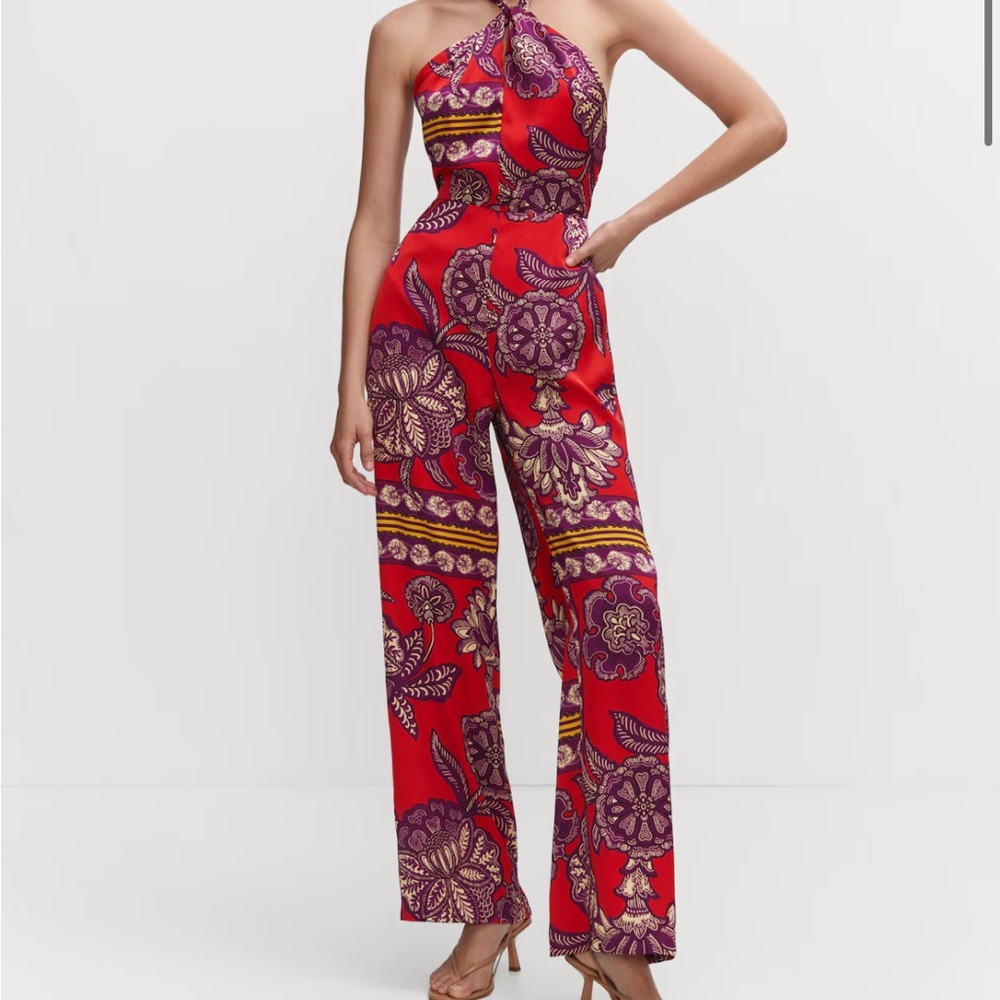 Mango Red and Purple Halter Jumpsuit with Palazzo Pants